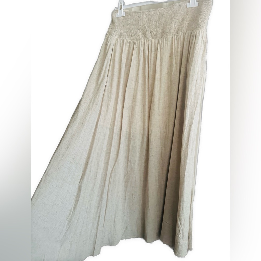 OGL Beige Linen Flow Long Maxi Skirt With Pockets Elastic Waist Lined Effortless - Picture 2 of 14
